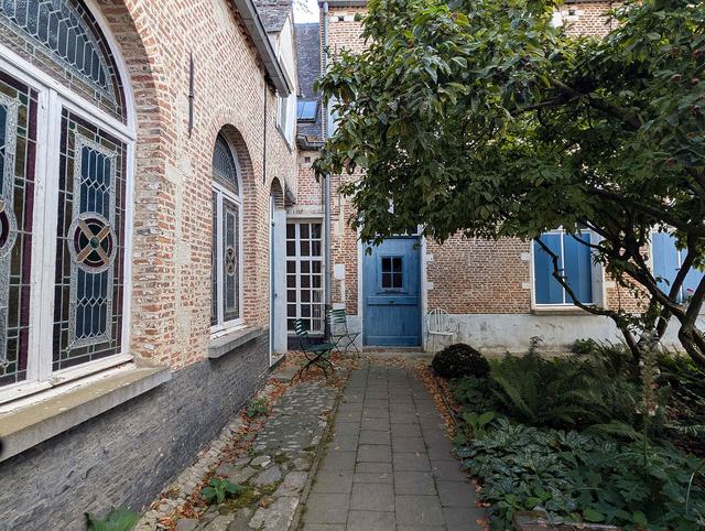 Een smal tegelpad langs bakstenen huisjes, met varens en een kleine boom ernaast